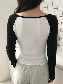 DAZY 女款不對稱肩拼接配色長袖韓系清新女孩毛衣 - 寶藍色 - 查看 2