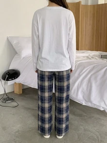 Dazy Kids 女童長袖T恤風格格紋休閒長褲 寬鬆直筒百搭居家褲 - 藏蓝色 - 查看 4