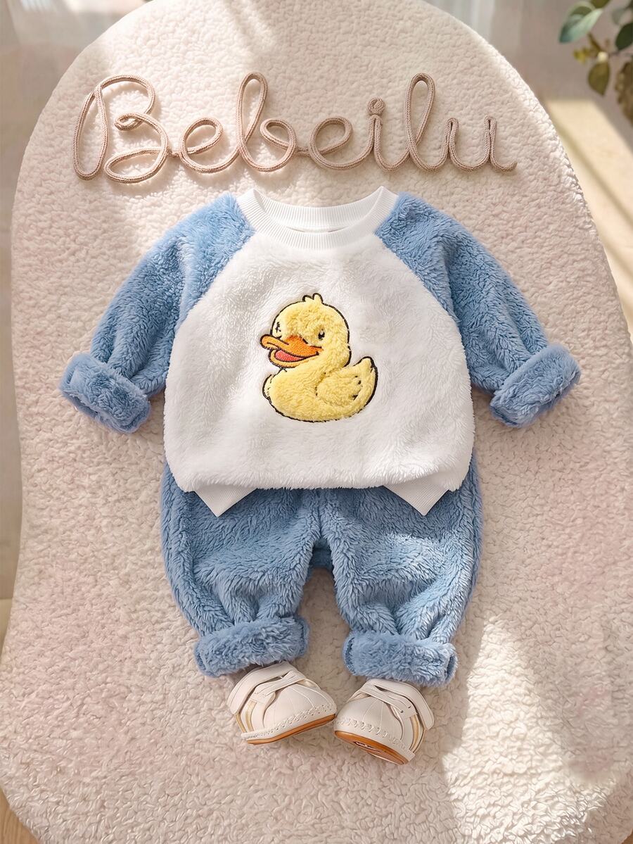 嬰兒幼童可愛男孩卡通圖案拼色插肩袖衛衣與鬆緊腰長褲套裝 - 黃色 - 查看 1