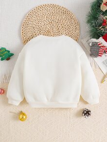 SHEIN 嬰兒紅色聖誕樹與字母刺繡毛巾圖案白色圓領長袖套頭運動衫 - 米色 - 查看 2