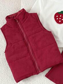 SHEIN 3pcs Toddler Girl Vest Sweatshirt Pants Cute Red White Strawberry Patch Ribbed Long Sleeve Thick Winter Holiday Katseye Capybara Elastic Set - Red - View 5