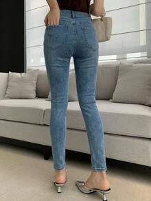 DAZY Fall Korean Style High Waist Blue Washed Distressed Slim Fit Pencil Cropped Jeans For Women Everyday Work Casual - Blue - View 2