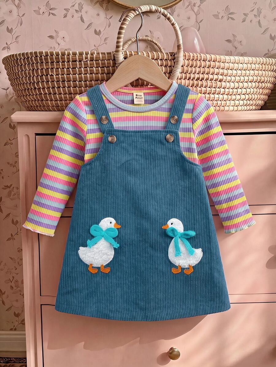 SHEIN Cute Casual Knit Striped T-Shirt & Loose Cartoon Pattern Overall Dress Set - Blue - View 1