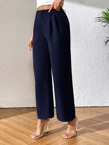 SHEIN PETITE 女款素色休閒百搭日常穿著長褲 - 藏蓝色 - 查看 4