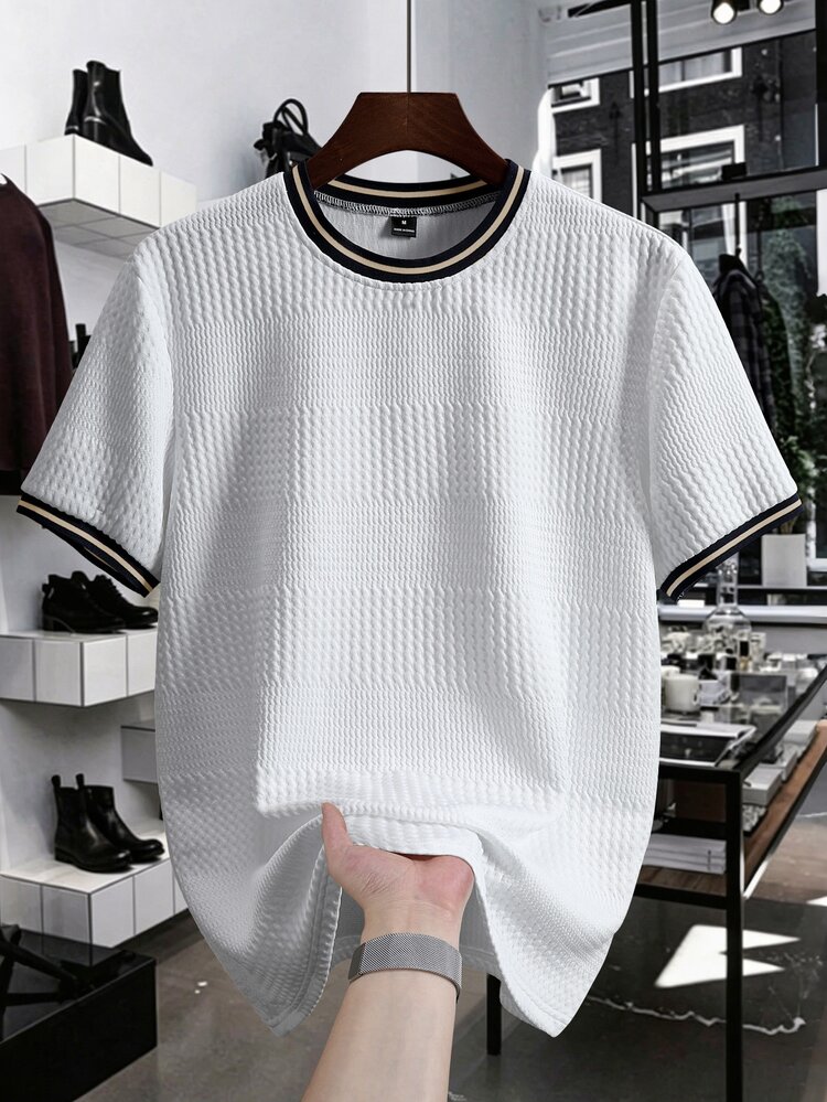 Manfinity Homme Men's Knitted Jacquard Solid Color Textured Collar & Cuff Ribbed T-Shirt - White - View 3
