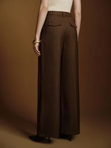 Anewsta Essential Women's Modern Retro Striped Loose Wide Leg Pants, Relaxed Drape Old Money Style Straight Leg Slimming Commute Versatile Casual Long Trousers - Coffee Brown - View 5