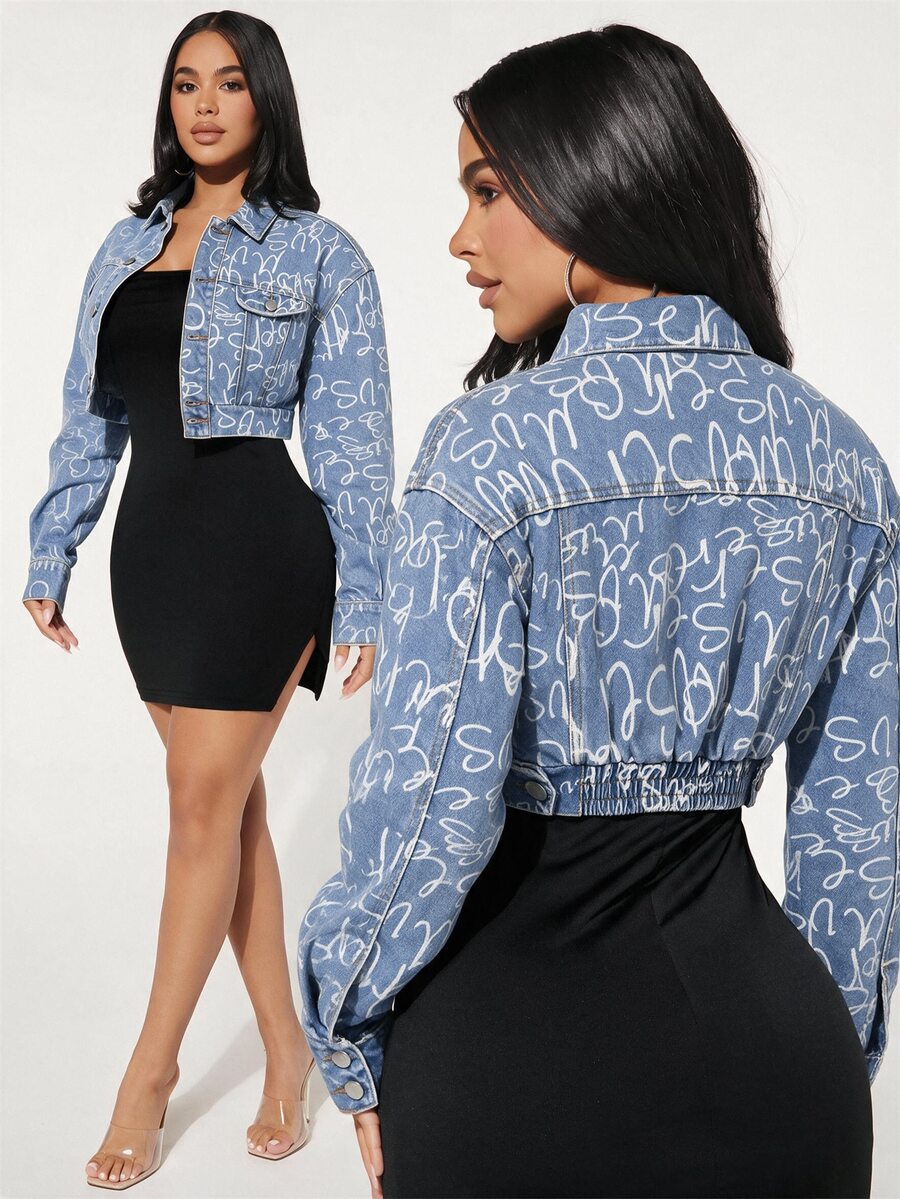 SHEIN SXY Women's All-Over Print Casual Versatile Daily Wear Denim Jacket - Light Wash - View 1