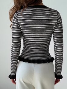Aloruh 女款秋冬新款粉色與棕色條紋拼接圓領長袖針織開襟開衫，簡約休閒優雅復古摩登日常通勤寬鬆街頭風毛衣 - 黑與白 - 查看 2