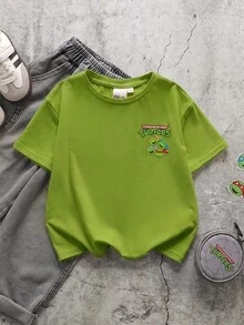 TEENAGE MUTANT NINJA TURTLES | SHEIN 小男孩卡通烏龜與字母圖案圓領短袖可愛T恤 - 綠色 - 查看 2