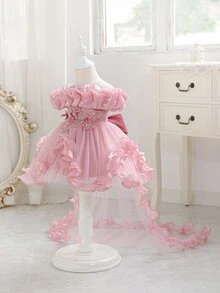 SHEIN Gaun Putri Bayi Balita Bahu Terbuka dengan Ekor Panjang Bahan Mesh - Dusty Pink - View 5