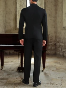 Manfinity Mode Men's Single-Breasted Suit Jacket With Rhinestones And Matching Pants, Autumn, Elegant, Party, Suitable For Business, Banquets, And Ceremonies, Formal - Black - View 2