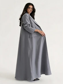 Yasveil Women Medium Grey Notched Lapel Double Breasted Fitted Waist Long Abaya Modest Muslim Dress Middle East Dubai Fall Office Elegant Robe - Grey - View 10