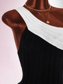 Amplova Women's Cold Shoulder Two-Tone Asymmetrical Hem Sweater Dress - Black and White - View 7