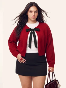Comfortcana Women's Plus Size Round Neck Long Sleeve Cardigan - Burgundy - View 9