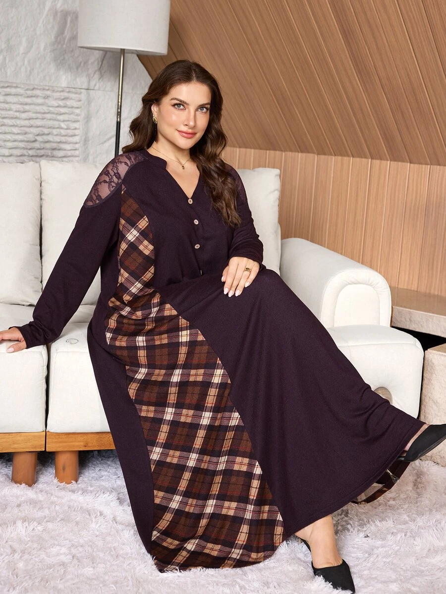 Lacomfia Women's Long Sleeve Plaid Lace Patchwork Casual Versatile Comfortable Daily Home Warm Plus Size Dress - Coffee Brown - View 1