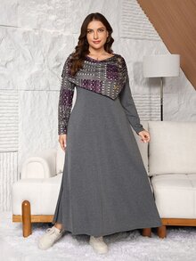 Lacomfia Women's Elegant Minimalist Fashion Printed Ruched Neck Versatile Fit Long Sleeve Plus Size Dress - Grey - View 3