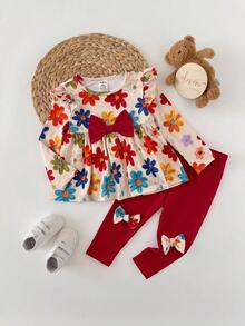 SHEIN Baby Girl Knitted Floral Pattern Round Neck Casual T-Shirt & Long Pants 2pcs Set - Multicolor - View 6