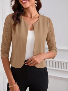 SHEIN Clasi Women Spring & Summer Elegant Lace Patchwork Short Jacket With Open Front And 3/4 Sleeves In Fall - Camel - View 6