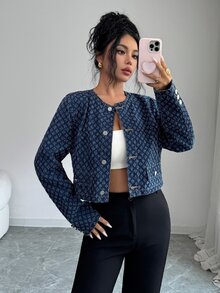 Elenzga Allover Print Button Front Crop Denim Jacket - Blue - View 7