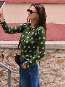 Nöista Women's Polka Dot Casual Versatile Daily Wear Cardigan - Green - View 1