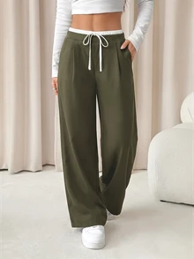 SHEIN PETITE Women's Color Block Casual Daily Wear Long Pants,Ladies Spring/Fall Casual Drawstring,Pocket Natural - Green - View 5