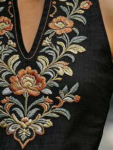 SHEIN Women's Spring Summer New V-Neck Small Stand Collar Fitted Sleeveless Exquisite Positioned Floral Print Pattern Casual Elegant Street Design Tank Top - Black - View 4