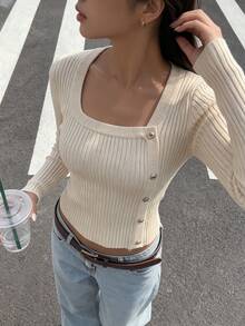 valorelle valorelle Square Neck Button Detail Ribbed Knit Sweater - Apricot - View 5