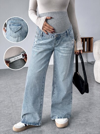 SHEIN Maternity Grey Knit Belly Support Patchwork Blue Denim Loose Fit Long Pants Cowgirl Outfits For Women