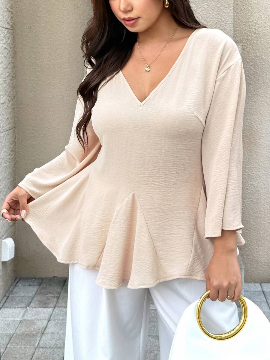 Easura Plus Size Women Gentle Minimalist Loose V-Neck Blouse, Flared Umbrella Hem Design, Commute & Home Wear Plus Size Shirt - Apricot - View 1