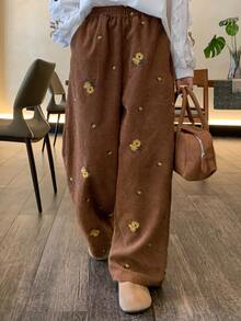 DAZY Women's Floral Embroidered Pocket Wide Leg Loose Casual Long Pants - Brown - View 4