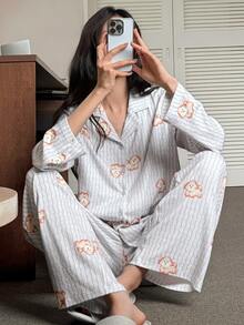 DAZY Women's Cartoon Print Button Up Top And Long Pants Pajama Set - Light Grey - View 4