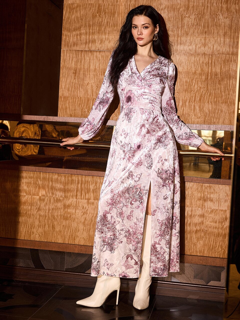 MOTF WOMEN'S AUTUMN/WINTER VELVET PRINTED LONG DRESS
