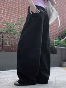 DAZY Contrast Letter Embroidery Loose Curved Leg Jeans Long Pants Casual Street Vacation Korean Style Autumn Winter Women Denim - Dark Grey - View 7