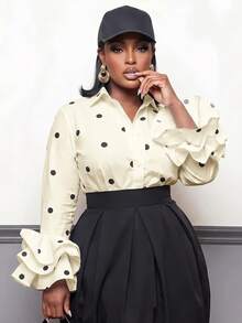 Slaydiva Women Plus Size Polka Dot Shirt With Turn Collar Long Sleeve Multi-Layer Cuff Design Fall - Apricot - View 11