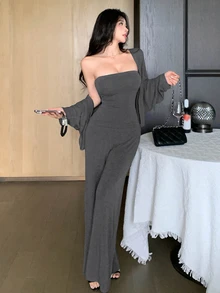 DAZY Women's Solid Color Fashion Minimalist Tube Top & Pants & Cardigan 3 Pieces Set - Dark Grey - View 5