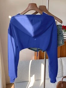 SHEIN EZwear 抽繩設計超短版連帽衛衣－黑白配色，秋冬長袖上衣 - 寶藍色 - 查看 2