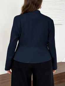 Easowa Curve Plus Size Women Solid Color Casual Commute Travel Blazer - Navy Blue - View 2