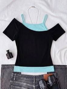 Teen Girls Casual Minimalist Y2K Black & White Polka Dot Print Ruched Tie Front Tube Top - Black - View 2