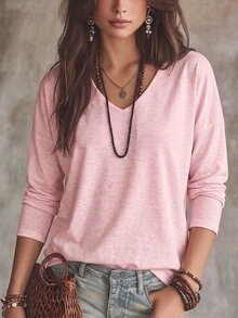 Selamara Women's New Autumn/Winter Best-Selling V-Neck Casual Versatile Long Sleeve T-Shirt - Baby Pink - View 1