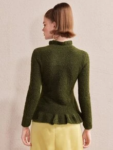 Barévion Women's Jacket Slim Waisted Peplum Tweed Texture Metal Buttons Ruffle Neck Elegant Olive Green Solid Fall Clothes For Women Christmas - Green - View 3