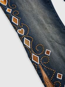 ROMWE Hippie Women's Jeans With Pattern Suede Patchwork, Rivet Decoration And Furry Waistband, Autumn/Winter - Blue - View 4