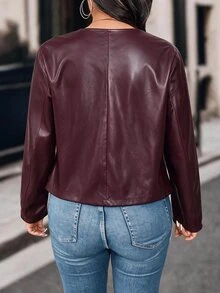 EMERY ROSE Plus Size Women's Best Selling Elegant Round Neck Solid Color Military Style Leather Jacket, Slimming Minimalist Design, Suitable For Daily Versatile Commute, Date Party Slimming Outfit Jacket - Burgundy - View 2