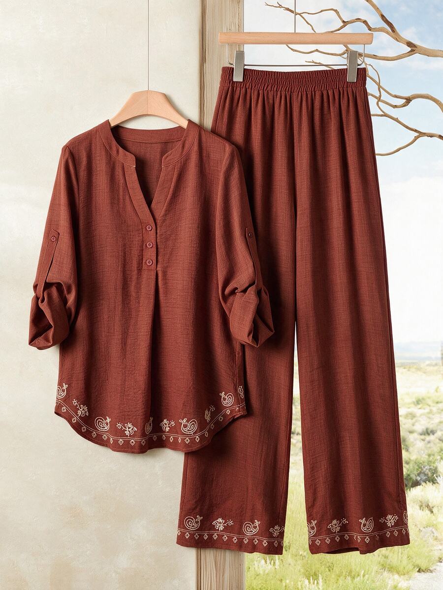 Rusticease Button Embroidered Rolled Sleeve Top And Solid Color Elastic Waist Long Pants 2 Pieces Set - Brown - View 1