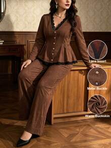 Auvina Women's V-Neck Button Decor Patchwork Lace Long Sleeve Top + Wide Leg Pants Two Pieces Set Fall - Brown - View 3