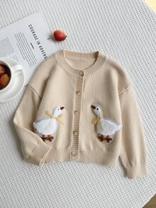 SHEIN Vintaside Kids 女童粉色圓領針織開襟毛衣，柔軟田園風，3D毛巾繡花蝴蝶結，可愛甜美卡通休閒款，適合秋冬外出、旅行、玩耍與戶外遠足 - 黃色 - 查看 7