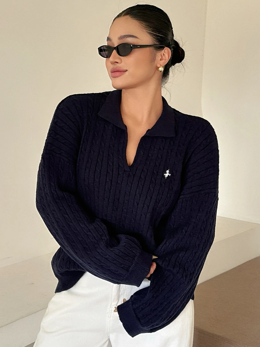 Dazy Plus Blogger Casual Style Embroidered Pattern Loose Fit Spring/Autumn New Pullover Sweater - Navy Blue - View 1