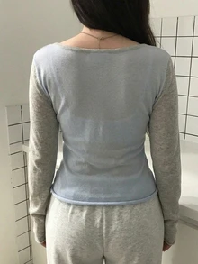 Dazy Plus Plus Size Women Colorblock Asymmetric Shoulder Casual Everyday Long Sleeve Sweater - Baby Blue - View 2