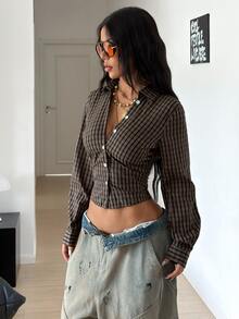 StreetHx Women's Plaid Pleated Casual Versatile Daily Wear Shirt - Khaki - View 6