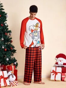 TOM & JERRY X SHEIN Men's Cartoon Print Long Sleeve Top And Plaid Pants Loungewear Set - Red and White - View 3