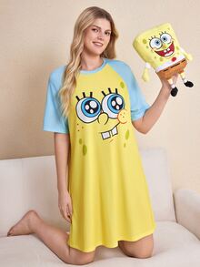 SpongeBob SquarePants | SHEIN 女款卡通圖案休閒日常居家短袖睡裙 - 黃色 - 查看 6